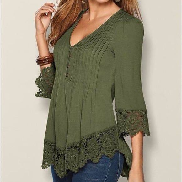 NWOT Venus Women's Pintuck Semi Sheer Chunky Crochet Lace Trip Tunic Top M - Picture 1 of 7